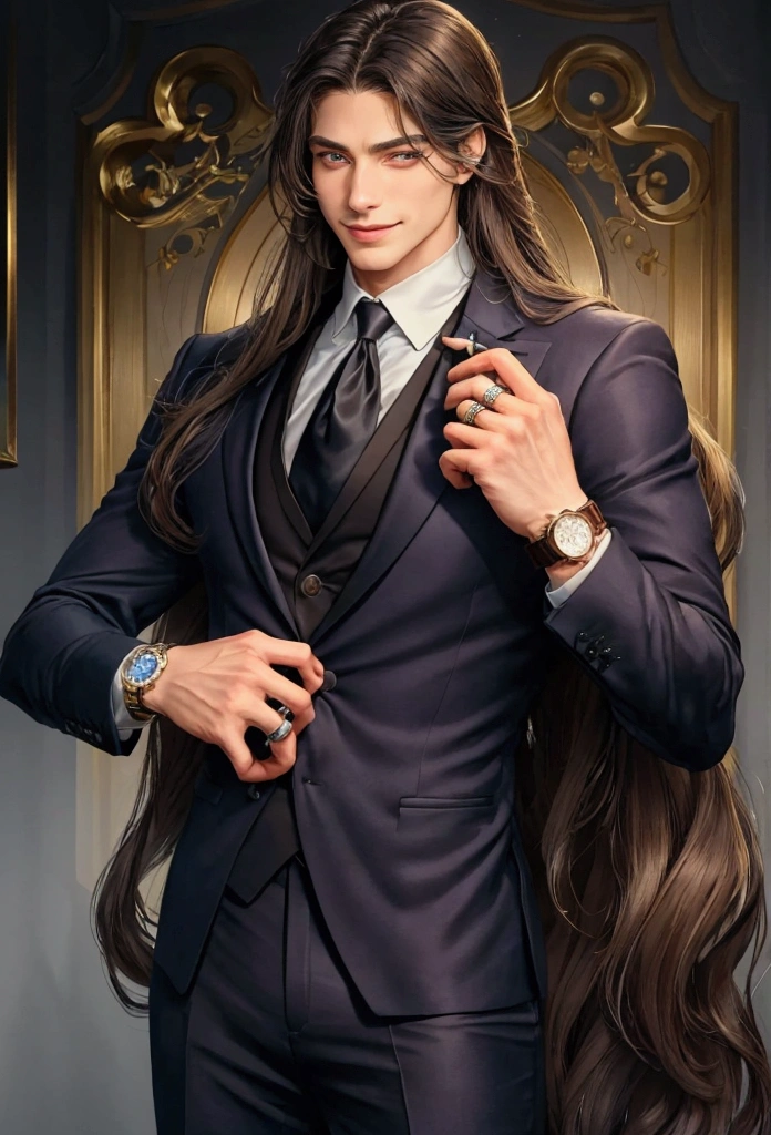 A gentleman exuding an aura of humility and strength, with an air of solitary elegance tinged with a touch of eccentricity. His long hair, not overly disheveled but slightly tousled, features a gradient transitioning from dark gold at the edges to deep brown. His eyes are deep and full of stories, a profound blue that seems to hide countless secrets, with smiling corners and a subtly upturned mouth. He wears a meticulously tailored suit, paired with a light purple shirt, and a vintage-style brooch at the collar. On his fingers, he sports a low-key but distinctive ring, and on his wrist, a simple, stylish watch with a leather strap instead of metal.