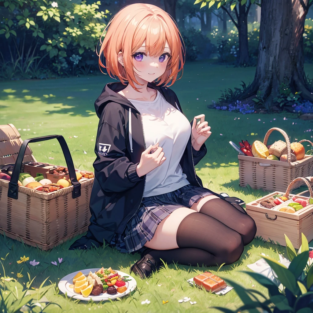 (Recall,food:1.3),(picnic:1.3),basket, Park with a view, Highest quality, grassland park, blue sky, hiking, Best image quality,Perfect Anatomy,masterpiece,Ultra-detailed,beautiful,super high quality, Highest quality,High resolution, Very detailed,Game CG,Dutch Angle ,beautiful細部までこだわった目,Visual Arts,Five Fingers, Perfect hands,Hide your hands, {{{One Girl}}}, beautiful詳細な女の子, Game CG, Spring flower, One curl on the outside, Short Bob Hair, Pastel orange hair, Purple eyes,Stylish accessories solo, breast enhancement, Medium Shoot, woman, Take-out, Laughter, huge ,,Pastel green checkered mini skirt,Black knee-highs, {{{{{Wearing a pastel green hoodie}}}}},Open your mouth, wonderful, beautiful細部までこだわった目, Highest quality, Very delicate,Masseter muscle area,Highest quality,(Official Art、Highest quality、Unity 8k wallpaper、32K、masterpiece、Ultra-detailed、超High resolution、Realistic、Photorealistic:1.2)、(Cinema Lighting:1.2)、Fire Glow Effect、The most grainy shadows on the film、Side light、Side Shot、(Ultra-detailedで複雑な3Dレンダリング)、Atelier Series, Multiple Girls.