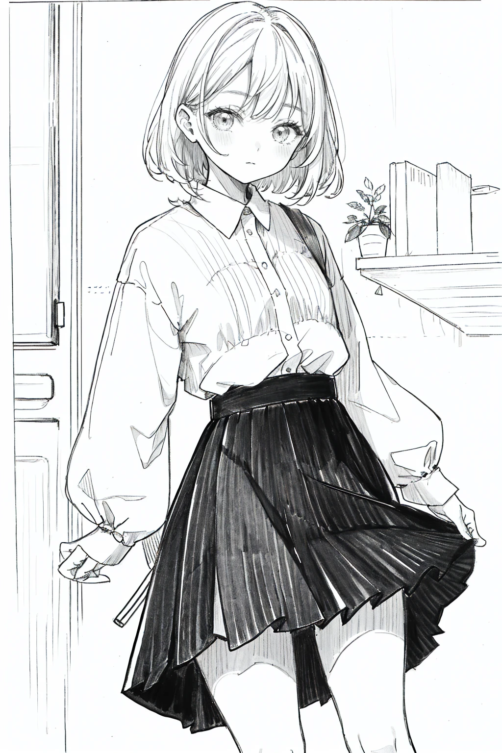 One Girl,Line art,Monochrome,sketch,Pencil drawing,Traditional Media,One Girl, 黒いskirtフェンス, Long Hair Shirt, Long sleeve, skirt, alone、Are standing、Cute Teenage Girl, ,Beautiful portrait、Delicate body、Whole Body Ezbian、saw、ru、Bob、short hair、Patsun