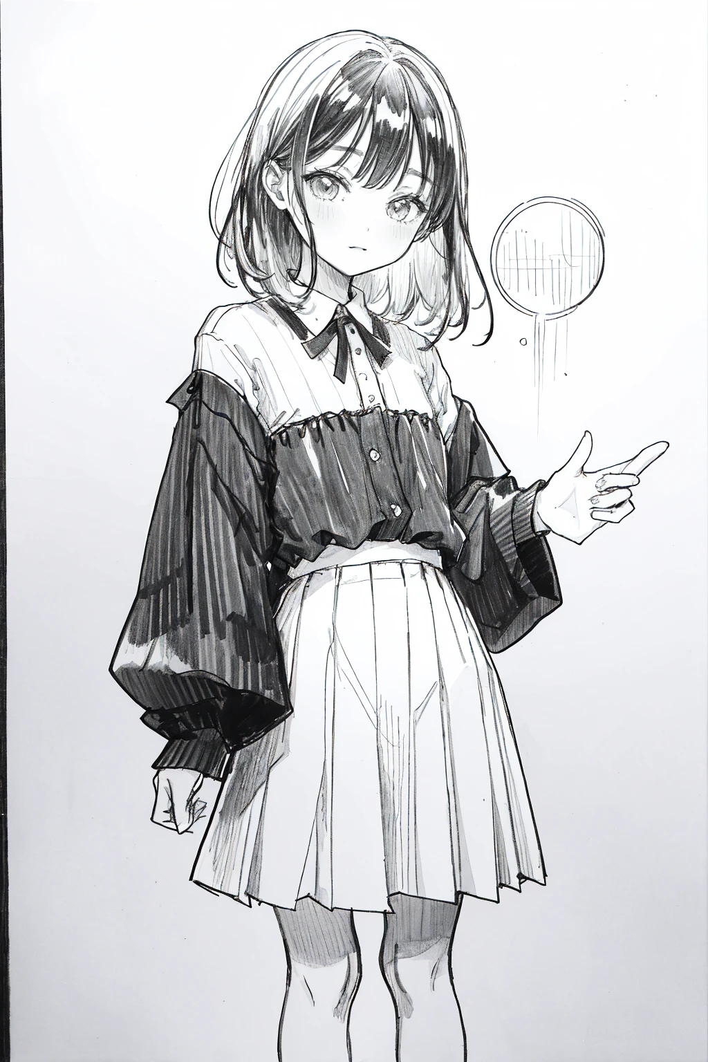 One Girl,Line art,Monochrome,sketch,Pencil drawing,Traditional Media,One Girl, 黒いskirtフェンス, Long Hair Shirt, Long sleeve, skirt, alone、Are standing、Cute age Girl, ,Beautiful portrait、Delicate body、Whole Body Ezbian、saw、ru、Bob、short hair、Patsun
