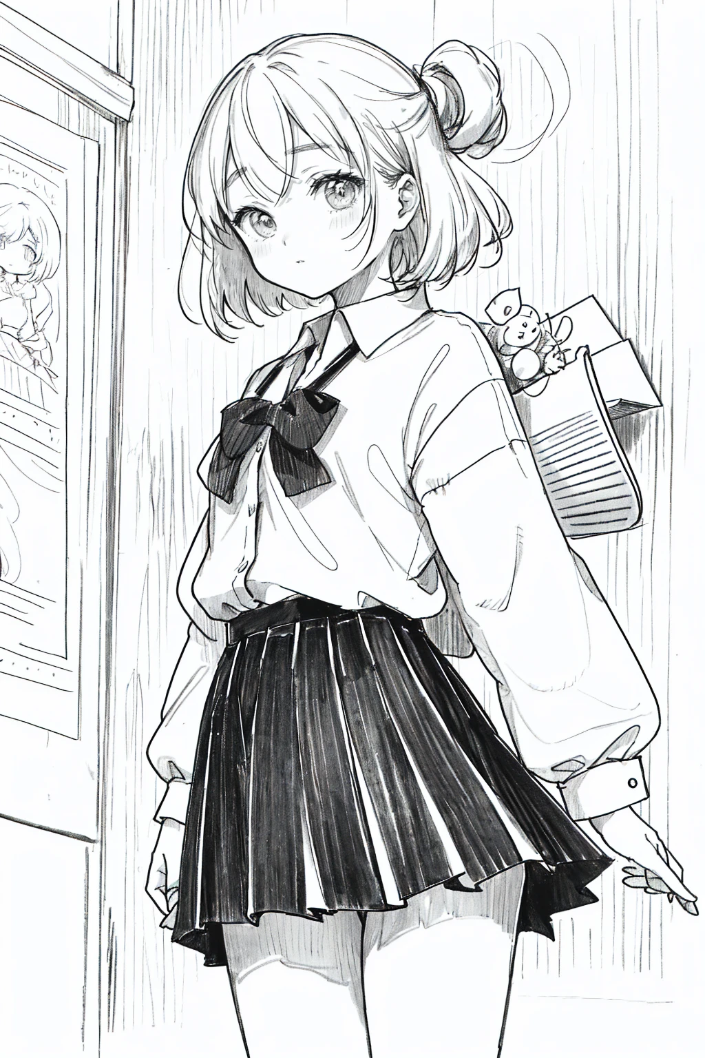 One Girl,Line art,Monochrome,sketch,Pencil drawing,Traditional Media,One Girl, 黒いskirtフェンス, Long Hair Shirt, Long sleeve, skirt, alone、Are standing、Cute Teenage Girl, ,Beautiful portrait、Delicate body、Whole Body Ezbian、saw、ru、Bob、short hair、Patsun