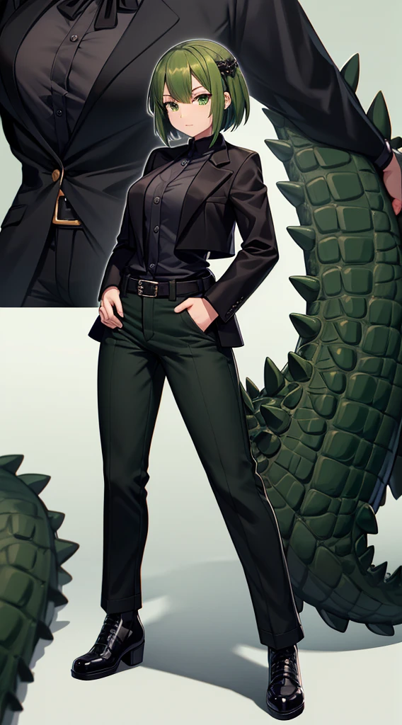 Crocodile girl，Crocodile girl，Crocodile tail，Crocodile tail，长着Crocodile tail的女孩，Dark green hair，Dark green hair，trousers，Black jeans，Standing posture，Black coat，Black coat，Black coat，Crocodile tail，Close-up above the waist