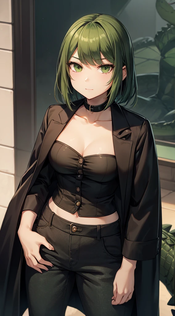 1 girl, anime, high quality, intricate details, black hair, fluffy hair, short hair, elegant, futuristic setting, stockings, green streaks in hair, stoic expression, curvy build, confident pose, mansion, indoors, hairclips, light green eyes, black hair, cropped tank top, silk skirt,