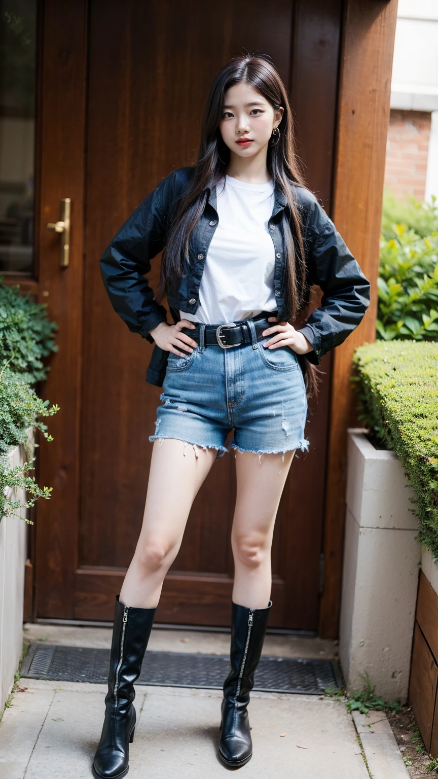 (8k、RAW Photos、Highest quality、masterpiece:1.2)、(Realistic、Realistic)、1 Girl、((Black shorts、Check shirt、Thin legs、boots、tights、garden、View from the front、Looking at the camera、belt、Hands on your hips))、cute