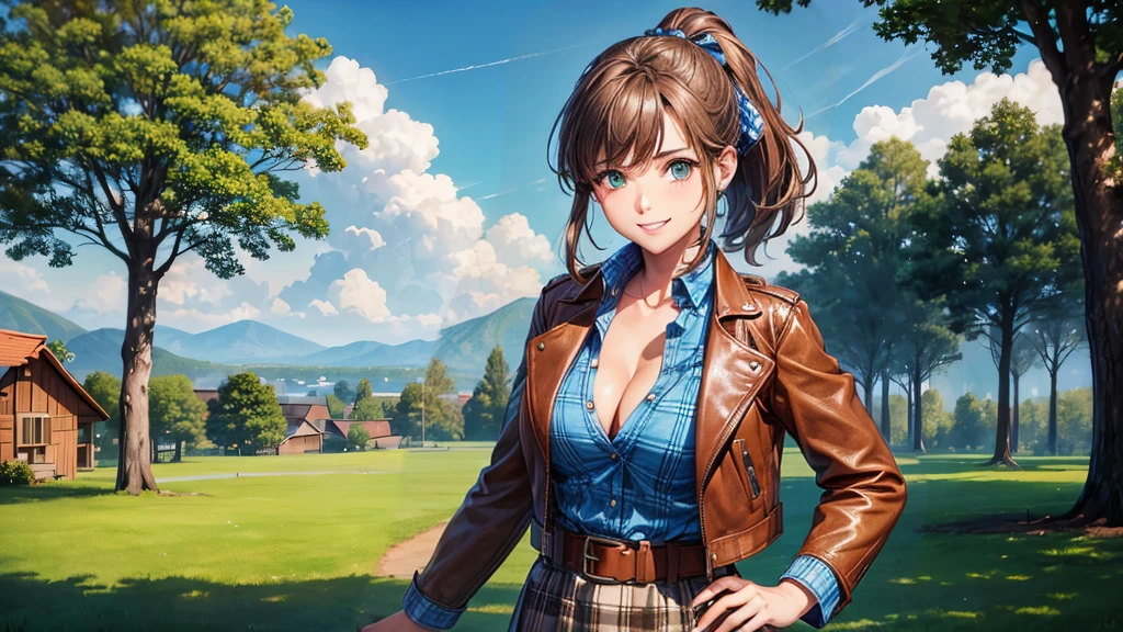 girl, solo, village, trees, sun, clouds, ((brown hair)), ponytail, large breasts, ((brown leather jacket)), button down shirt, ((blue checked shirt)), ((unbuttoned shirt)), unbuttoning buttons, cleavage 1:3, green eyes, long skirt, brown boots, smile, happy, looking at the viewer, standing, hair ribbon, golden necklate