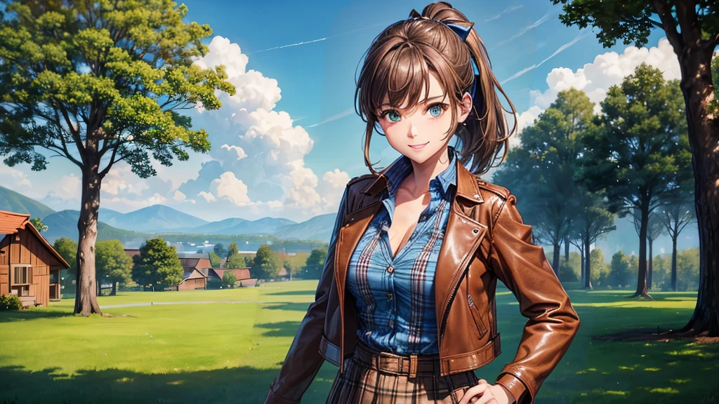 girl, solo, village, trees, sun, clouds, ((brown hair)), ponytail, large breasts, ((brown leather jacket)), button down shirt, ((blue checked shirt)), ((unbuttoned shirt)), unbuttoning buttons, cleavage 1:3, green eyes, long skirt, brown boots, smile, happy, looking at the viewer, standing, hair ribbon, golden necklate