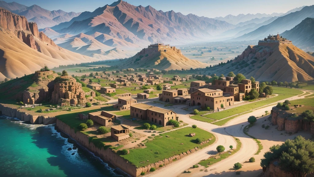 Beautiful scenery of ancient Iranian village, Aerial view, Photorealistic photos, High definition. 