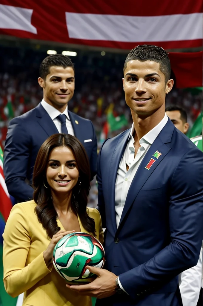 Cristiano Ronaldo holds the World Cup with the Portugal national team at Misr Stadium in the New Administrative Capital, with Sisi next to him, smiling and applauding