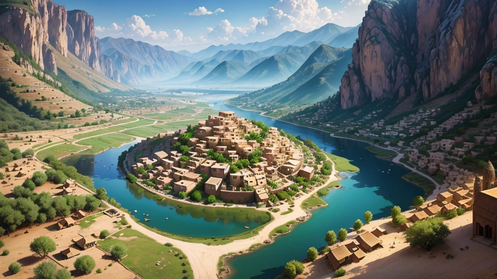 Beautiful scenery of ancient Iranian village, Aerial view, Photorealistic photos, High definition. 