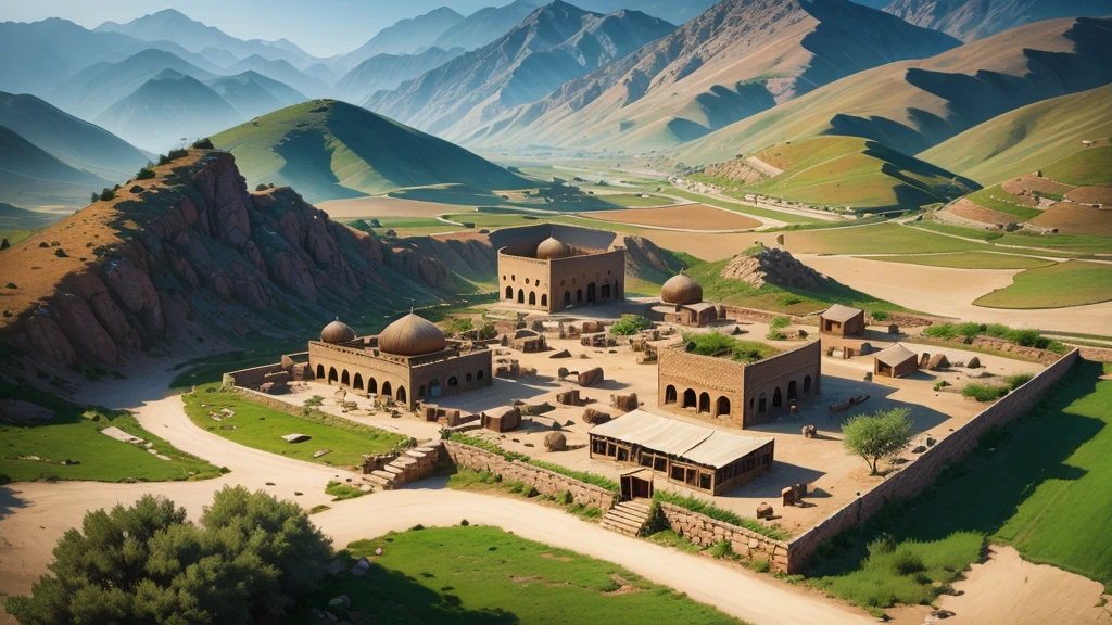 Beautiful scenery of ancient Iranian village, Aerial view, Photorealistic photos, High definition.