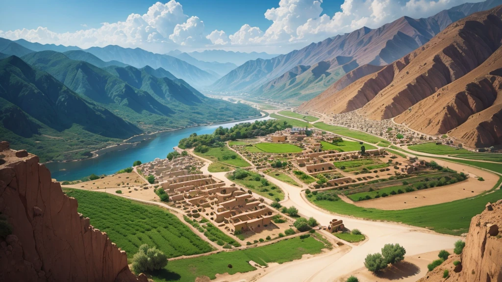 Beautiful scenery of ancient Iranian village, Aerial view, Photorealistic photos, High definition. 