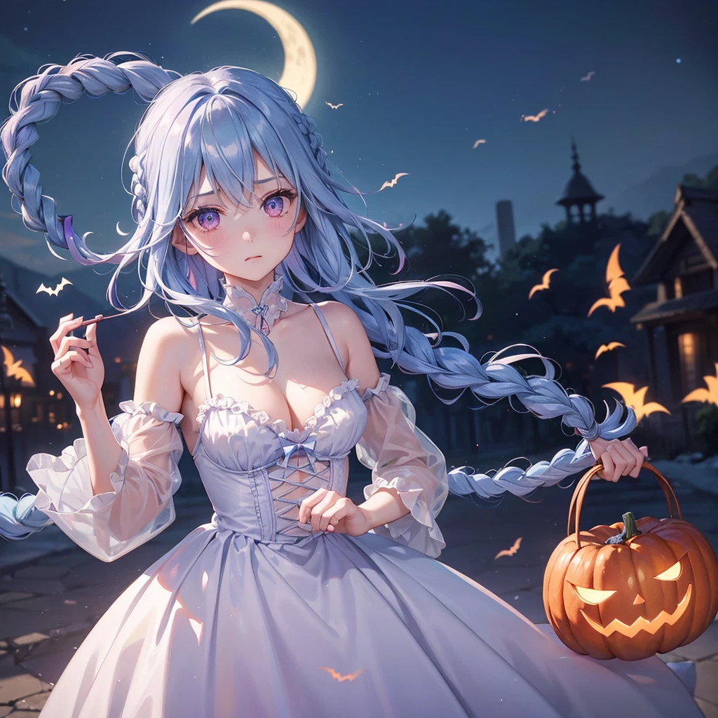 (Light blue medium hair:1.2),(Braided hair:1.2)、Pink eyes、Fair skin、cowboy shot、Halloween、The background is a pumpkin ghost、Crescent Moon、Trick or Treat、A lot of sweets、witch、Halloween night、Candy、many bat、Condescending expression、solo、(masterpiece、Highest quality、Very detailed、Best Shadow)、(Detailed Background)、(Beautifully detailed face)、High contrast、(Best lighting、Very delicate and beautiful)、(Cinematic Light)、colorful、Hyper Detail、Dramatic Light、Exquisite detail、