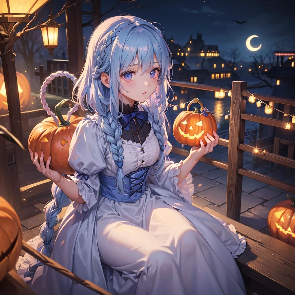 (Light blue medium hair:1.2),(Braided hair:1.2)、Pink eyes、Fair skin、cowboy shot、Halloween、The background is a pumpkin ghost、Crescent Moon、Trick or Treat、A lot of sweets、witch、Halloween night、Candy、many bat、Condescending expression、solo、(masterpiece、Highest quality、Very detailed、Best Shadow)、(Detailed Background)、(Beautifully detailed face)、High contrast、(Best lighting、Very delicate and beautiful)、(Cinematic Light)、colorful、Hyper Detail、Dramatic Light、Exquisite detail、