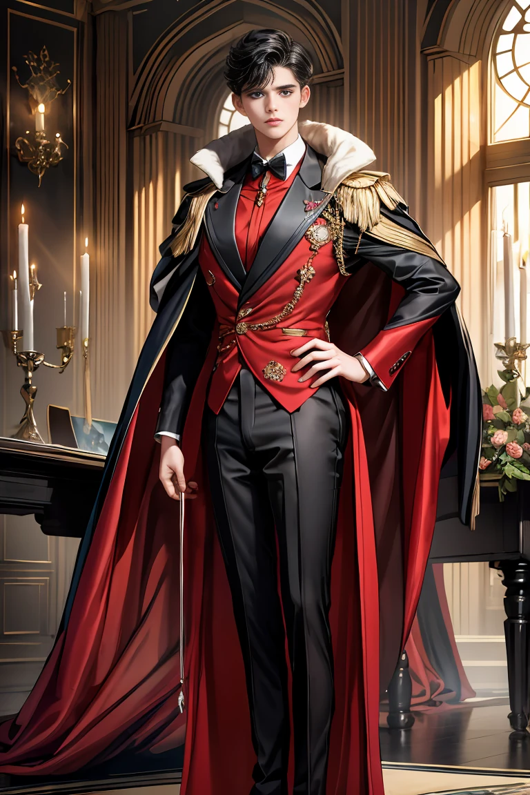 
masterpiece, 最high quality, high quality, 1 boy, alone, Male focus, Watching the audience,  Messy black hair, Adorable big blue eyes, White people, Noble, Noble,Sexy voluminous black and red cape、Tuxedo、A very voluminous, large, very large, very large, long, long red and black cape with a high stand-up collar, reaching down to the floor, made of a lot of fabric., 17 years old,Cute beautiful boys,Cute, cute, kind, handsome guy