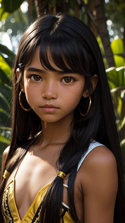 adolescent, 歳, Indigenous, Amazon, gold eyes, sweet, blackquality hair, loose hair,