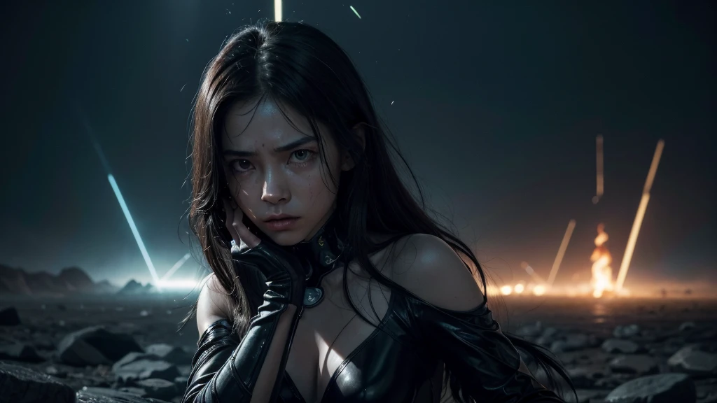 A dramatic scene of the alien leader Aldara sacrificing herself to save her people. Aldara is depicted with a glowing wound, her bioluminescent patterns dimming. Her expression is a mix of pain and determination, as she channels her remaining strength into a powerful energy field. Surrounding her are elements of advanced alien technology and a chaotic battlefield. Her elegant high-tech attire is torn, and sparks of energy emanate from her, symbolizing her ultimate sacrifice. Other characters, including humans and aliens, watch in awe and sorrow.