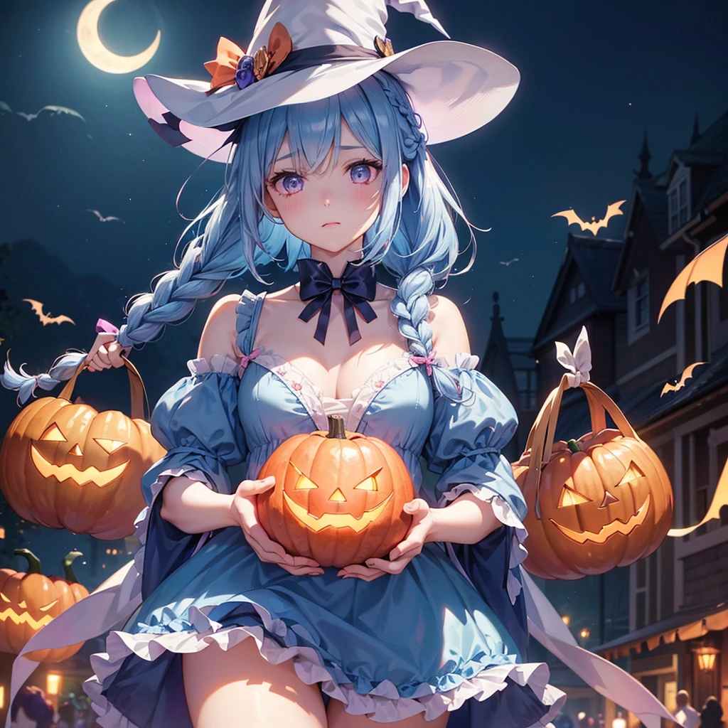 (Light blue medium hair:1.2),(Braided hair:1.2)、Pink eyes、Fair skin、cowboy shot、Halloween、The background is a pumpkin ghost、Crescent Moon、Trick or Treat、A lot of sweets、witch、Halloween night、Candy、many bat、Condescending expression、solo、(masterpiece、Highest quality、Very detailed、Best Shadow)、(Detailed Background)、(Beautifully detailed face)、High contrast、(Best lighting、Very delicate and beautiful)、(Cinematic Light)、colorful、Hyper Detail、Dramatic Light、Exquisite detail、