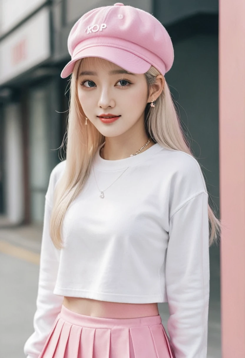 Make the image of a Korean kpop magazine cover with a 25-year-old Korean woman on the cover., she should wear a black sweatshirt, pink skirt, and white sneakers with white socks. Her hair is long and blond with a white beret. Put the phrase "Korean 2000", put texts about kpop and the model should be smiling and dressed like a Korean kpop. Make the image elegant and perfect.