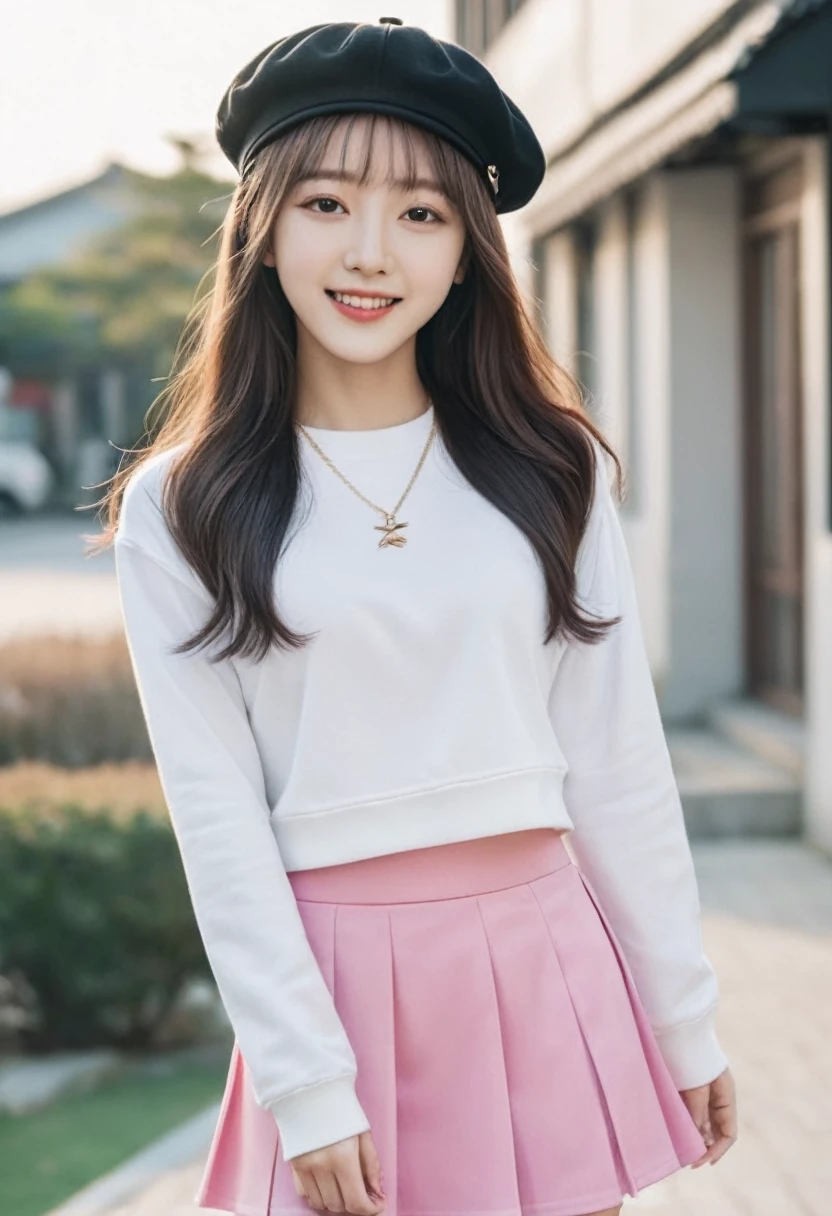 Make the image of a Korean kpop magazine cover with a 25-year-old Korean woman on the cover., she should wear a black sweatshirt, pink skirt, and white sneakers with white socks. Her hair is long and blond with a white beret. Put the phrase "Korean 2000", put texts about kpop and the model should be smiling and dressed like a Korean kpop. Make the image elegant and perfect.