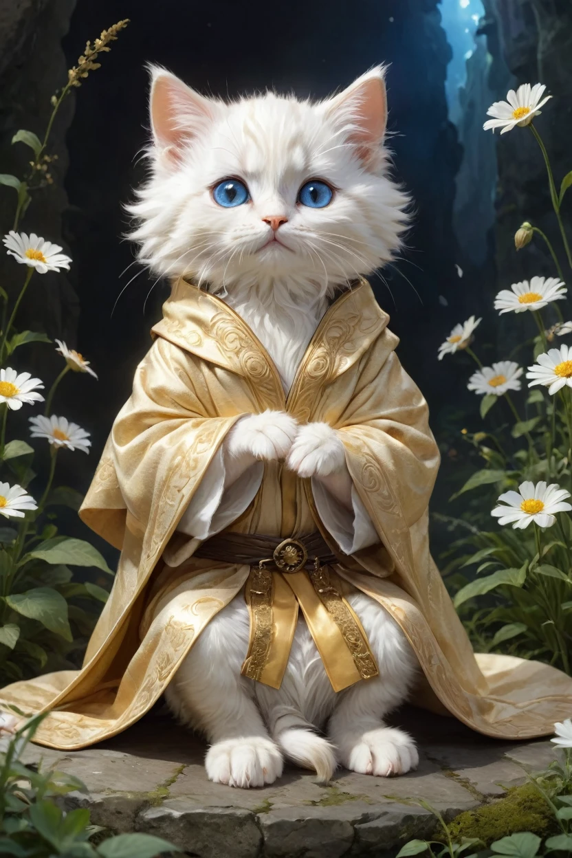 small, かわいいto be bornき物, Wearing a golden robe, whole body, , Sitting, Costume, Fantasy art, Exquisite detail, Jean-Baptiste e Style, Alan Lee Style, Anthropomorphic blue-eyed white furry kitten, Movie Scenes, Dramatic shot angles, , Realistic, to be born々Stunning cinematic photorealism, Action Portrait, 8k, detailed, Full Frame, The background is mystical flower meadow, Mysterious Space