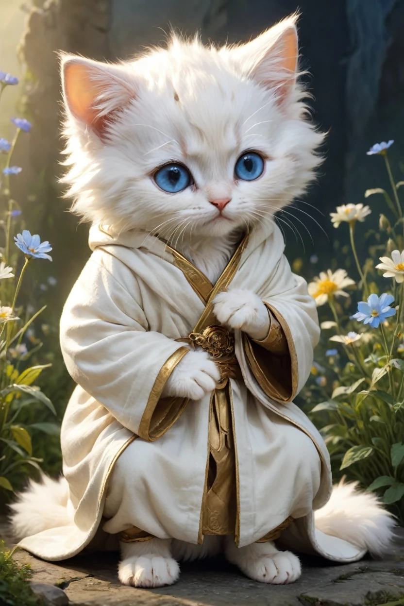 small, かわいいto be bornき物, Wearing a golden robe, whole body, , Sitting, Costume, Fantasy art, Exquisite detail, Jean-Baptiste Monge Style, Alan Lee Style, Anthropomorphic blue-eyed white furry kitten, Movie Scenes, Dramatic shot angles, , Realistic, to be born々Stunning cinematic photorealism, Action Portrait, 8k, detailed, Full Frame, The background is mystical flower meadow, Mysterious Space