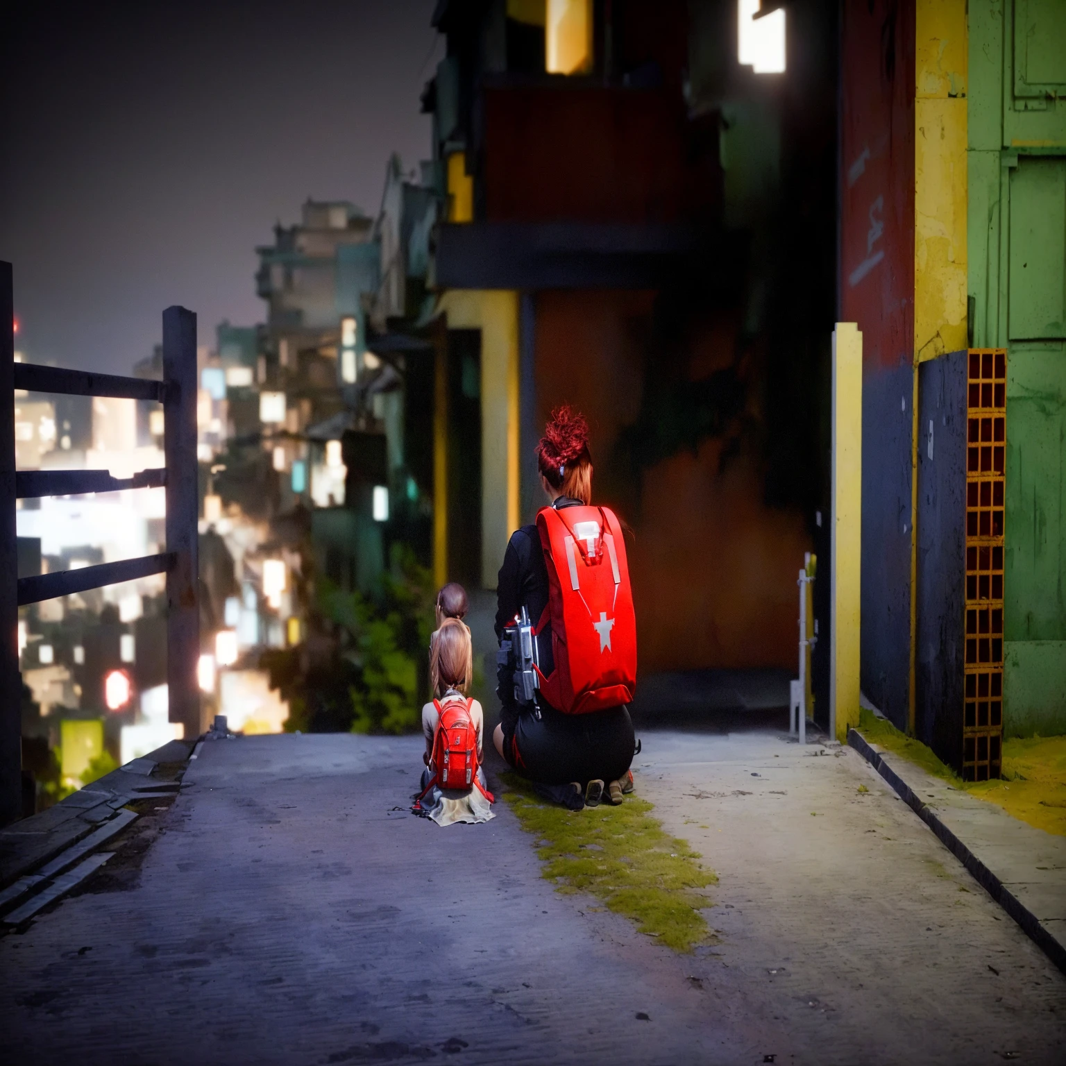 there is a woman sitting on the floor with a red backpack, peru, screenshot from the game, 2020 videogame screenshot, videogame screenshot>, high quality screenshot, screenshot from the game, red and cinematic lighting, cinematic shot!, Fallout Style Istambul, ismail inceoglu and ruan jia, next generation, CG game, medium shot of two characters