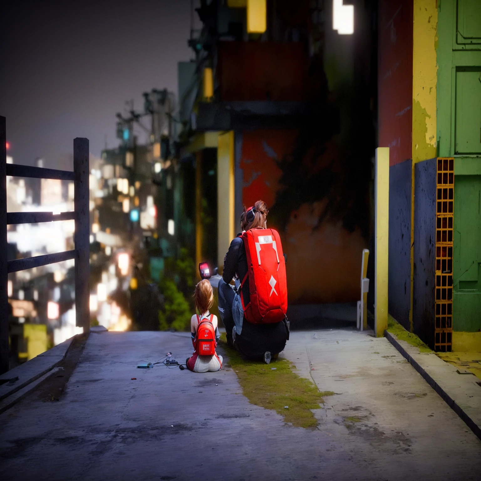 there is a woman sitting on the floor with a red backpack, peru, screenshot from the game, 2020 videogame screenshot, videogame screenshot>, high quality screenshot, screenshot from the game, red and cinematic lighting, cinematic shot!, Fallout Style Istambul, ismail inceoglu and ruan jia, next generation, CG game, medium shot of two characters