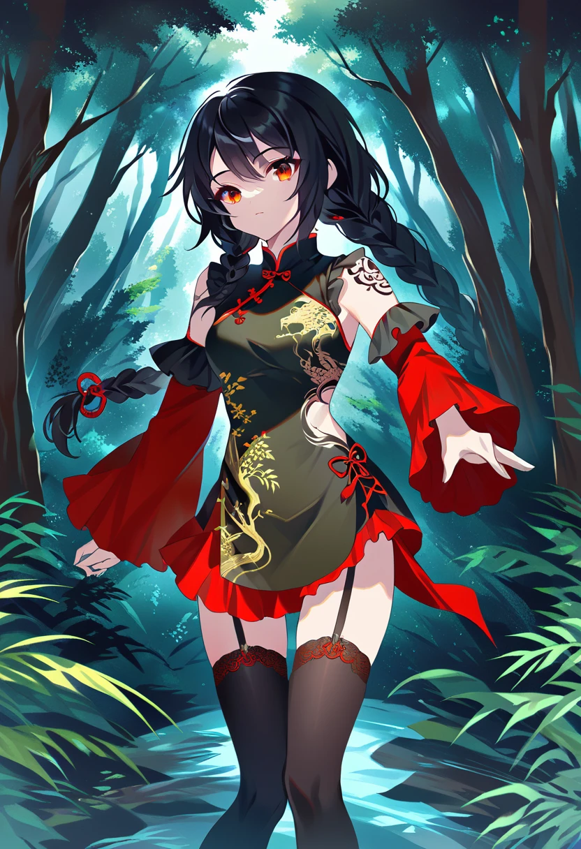 BREAK Perfect Anatomy、(High resolution:1.2)、Incredible illustrations、(Cute illustrations:1.2)、() （Beautiful background(forest)) 1 girl(Black hair, long hair, single braid, red eyes,tattoos, )(young adult woman:2.0)
Long ruffled sleeves, yellow and black jiangshi cheongsam dress, garter stockings