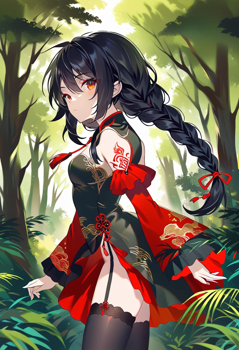 BREAK Perfect Anatomy、(High resolution:1.2)、Incredible illustrations、(Cute illustrations:1.2)、() （Beautiful background(forest)) 1 girl(Black hair, long hair, single braid, red eyes,tattoos, )(young adult woman:2.0)
Long ruffled sleeves, yellow and black jiangshi cheongsam dress, garter stockings