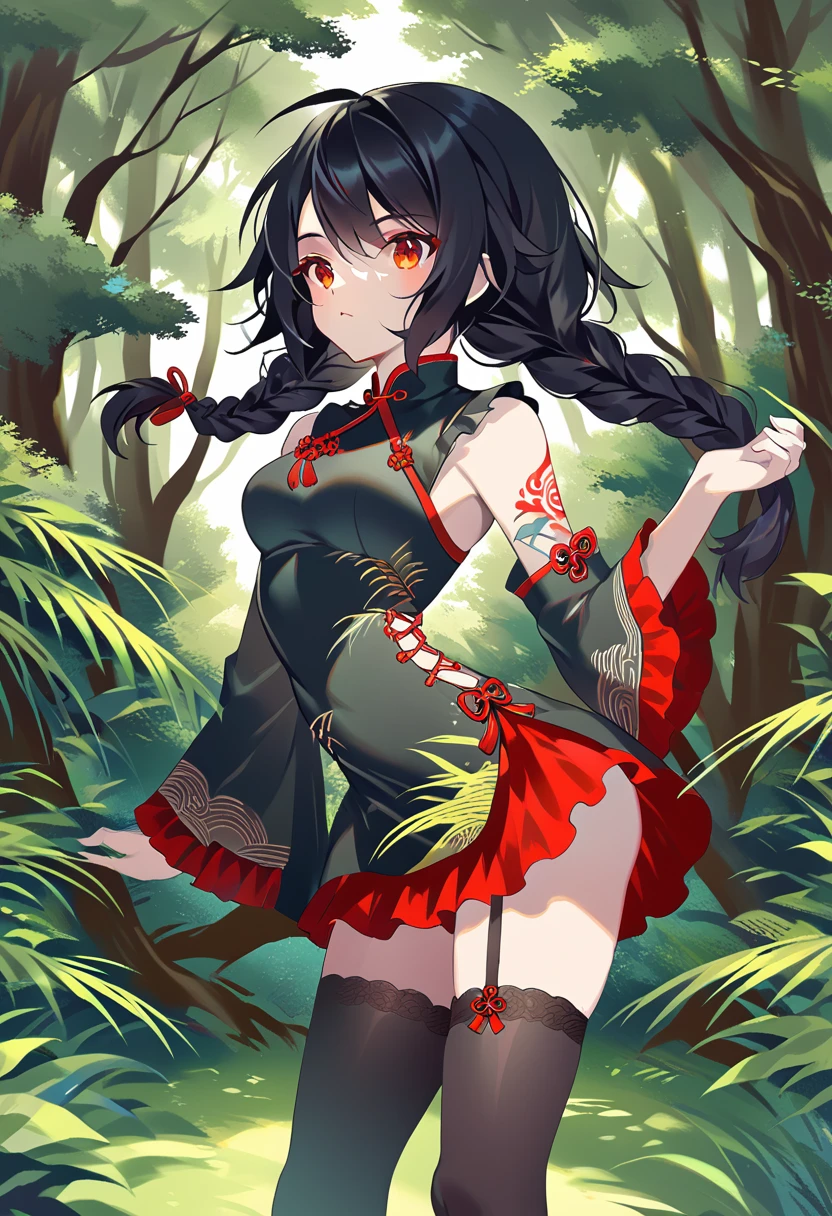 BREAK Perfect Anatomy、(High resolution:1.2)、Incredible illustrations、(Cute illustrations:1.2)、() （Beautiful background(forest)) 1 girl(Black hair, long hair, single braid, red eyes,tattoos, )(young adult woman:2.0)
Long ruffled sleeves, yellow and black jiangshi cheongsam dress, garter stockings