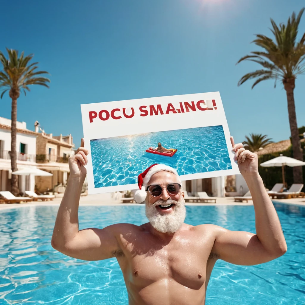 Captures an image from different angles of a swimming pool in which there are white rectangular signs floating in the water without any text, all posters are the same, In the center of the pool, a fat and smiling Santa Claus is floating in the water, bathing with sunglasses and very happy, holding a very large blank sign in his hands above his head., everything takes place under a radiant sun on a Mediterranean beach with impressive lighting for a perfect shot. professional photography, 8k, RAW photo, The best quality, masterpiece, photorealistic, Highly detailed, cinematic lighting, sharp focus, réflex digital, high resolution, photorealistic, 