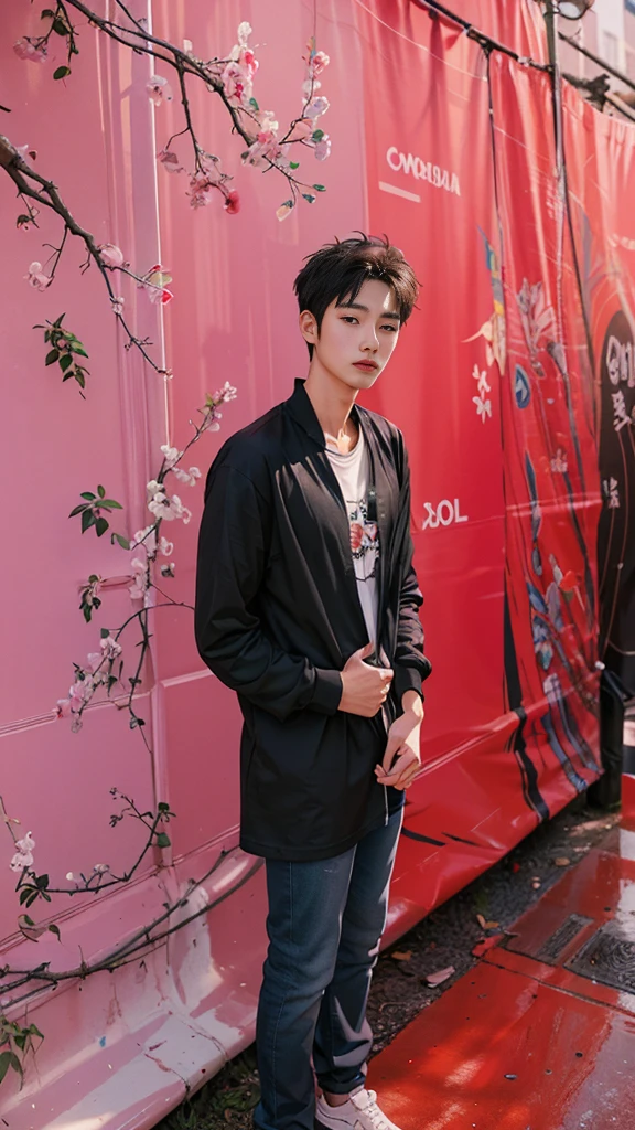 (masterpiece、top-quality、top-quality、raw、A hyper-realistic)、Urban cityscape、Shibuya cityscape、a handsome、twinks、(((Korean in his 20s with idol face)))、A slender、(((Please wear a plain black long-sleeved T-shirt all over your body.)))、((whole body visible))、(standing straight ahead)、Wearing jeans、ighly detailed、colourfull、highestdetailed