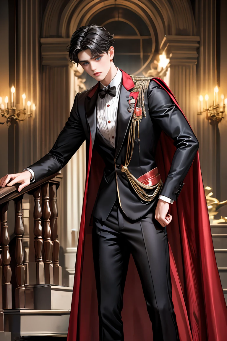 masterpiece, 最high quality, high quality, 1 boy, alone, Male focus, Watching the audience, Messy black hair, Adorable big blue eyes, White people, Noble, Noble,Sexy voluminous black and red cape、Tuxedo、A very voluminous, large, very large, very large, long, long red and black cape with a high stand-up collar, reaching down to the floor, made of a lot of fabric., ,Cute beautiful boys,Cute, cute, kind, handsome guy