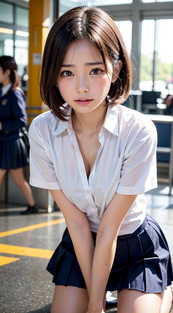 (masterpiece, Best Quality:1.2), 8K, 18 years old Japanese girl, 85 mm, Official art, Raw photo, Pretty Face, close up, face focus, cute Girl, Cinch waist, beauty thighs, soaking wet, sweat, large breasts, student uniform, serafuku, white shirt, short sleeves, sailor collar, navy pleated skirt, on all fours, cleavage of breasts, at the airport security check, Looking at Viewer, No makeup, (crying, sad, confused :1.3), Film grain, chromatic abberation, Sharp Focus, face lights, clear lighting, Teen, Detailed face, Bokeh background