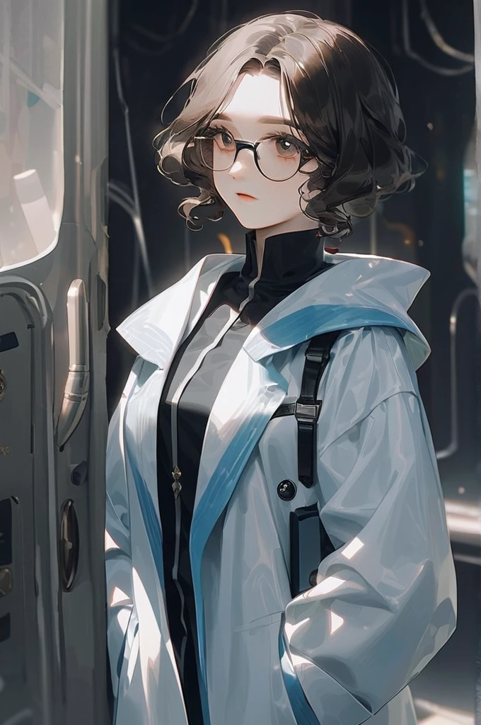 ((Лучшее качество)), ((шедевр)), (подробный), one brown-eyed girl with glasses and dark hair in a medical suit