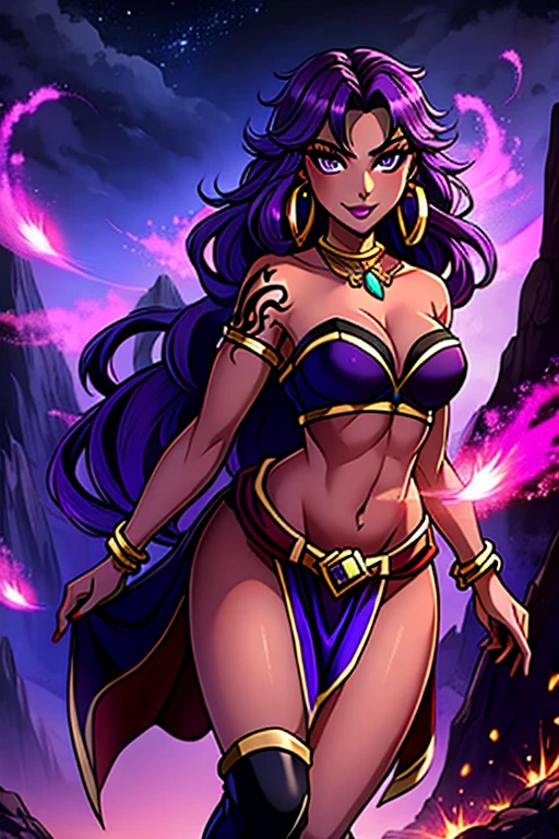 (best quality:1.3), (4K quality),masterpiece, best quality, high res, detailed, (Detailed face:1.2), (Detailed eyes:1.2), (Perfect figure:1.2), Fantasy style, Fantasy environment, solo, 1girl, 25 year old woman, sorceress, (Dark skin:1.5), purple hair, wavy hair, long hair, purple eyes, mascaras purple eyeshadow, smile, purple lipstick,(covered in tattoos:1.2), medium breasts, waist, slender legs, attractive body, slim figure, perfect shape, (Wearing: golden earrings, purple strapless top, purple loincloth, bracelets, knee-high boots), looking at viewer, both hands glowing bright purple, purple magic, bright purple sparks in both hands, BREAK She's a sorceress that wields her magical powers with grace and precision, showcasing her exceptional abilities, She exudes an air of mystery and power, The artwork captures the essence of a strong and alluring character, (Strong and alluring character:1.3), BREAK (Night time, gloomy and isolated tone, outdoors, dark clouds in the sky, purple lighting, gorgeous view of the mountains)