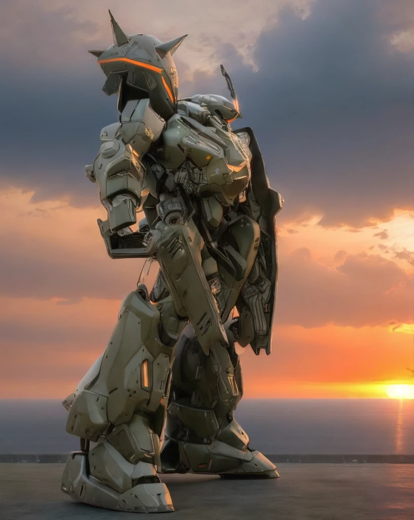 (giant mech standing on the earth, horizon, sunset), sci-fi, naval base, hard surface, armor, metal bolts, robot, industrial, structure, sub-D, (CGI, 3D, realistic), cinematic, 8k, have rifle, not human,