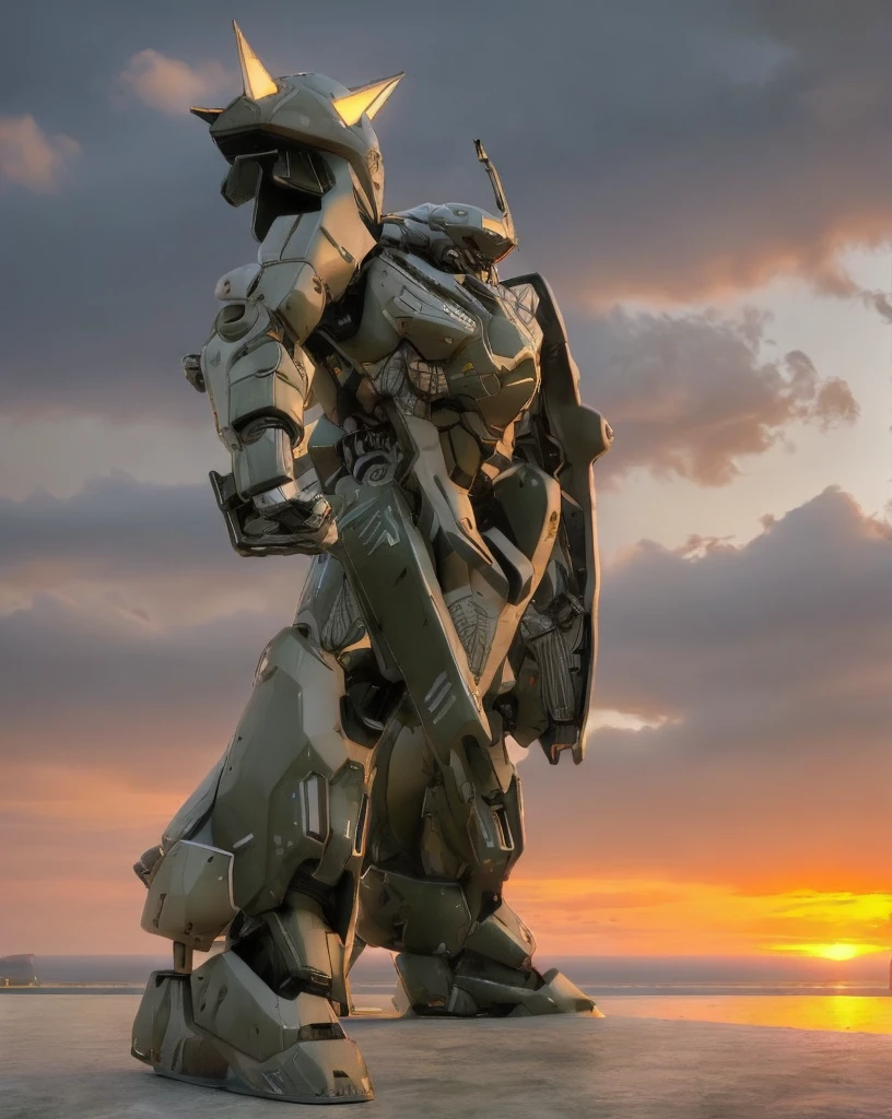 (giant mech standing on the earth, horizon, sunset), sci-fi, naval base, hard surface, armor, metal bolts, robot, industrial, structure, sub-D, (CGI, 3D, realistic), cinematic, 8k, have rifle, not human,
