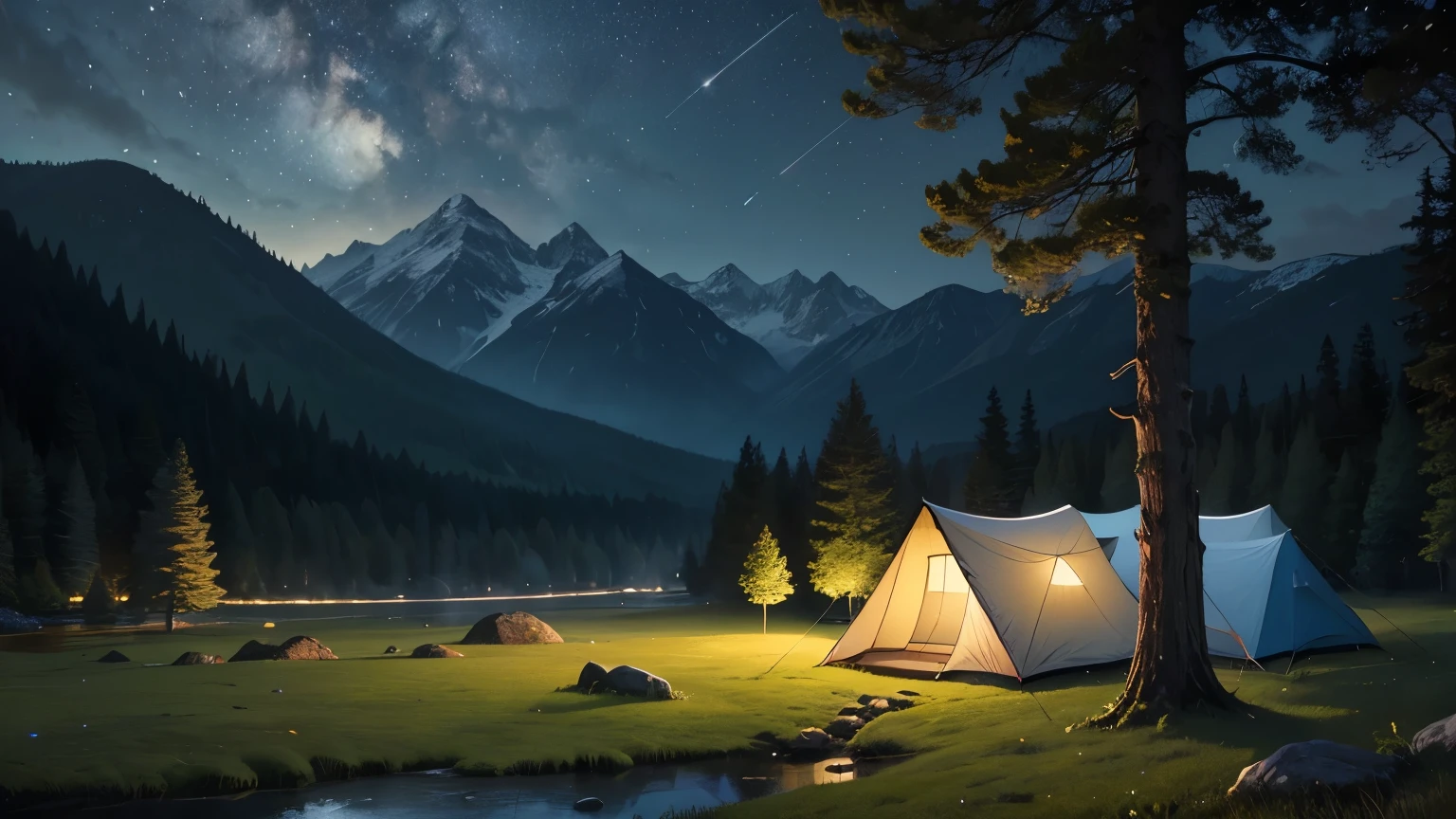 A picturesque and tranquil meadow depicted in an oil painting style, set during the evening or night. The lush green meadow is filled with vibrant wildflowers, now bathed in the soft glow of moonlight. The clear night sky is dotted with twinkling stars and a bright full moon. The view has shifted slightly, revealing a small campsite with a few tents set up near the gentle stream winding through the meadow, reflecting the silvery light. Tall trees border the meadow, their leaves rustling softly in the night breeze, with the majestic mountains now partially hidden by the trees. The image should be highly detailed, 8k resolution, and capture the essence of a masterpiece, set in a peaceful and idyllic nighttime landscape.