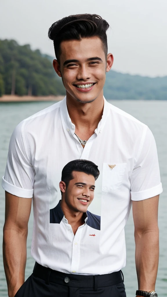((best quality)), ((masterpiece)), (detailed), 1man /malaysia. skinny. wear reyban. presley hairstyle. retro style. at lake. big teeth. wear shirt.