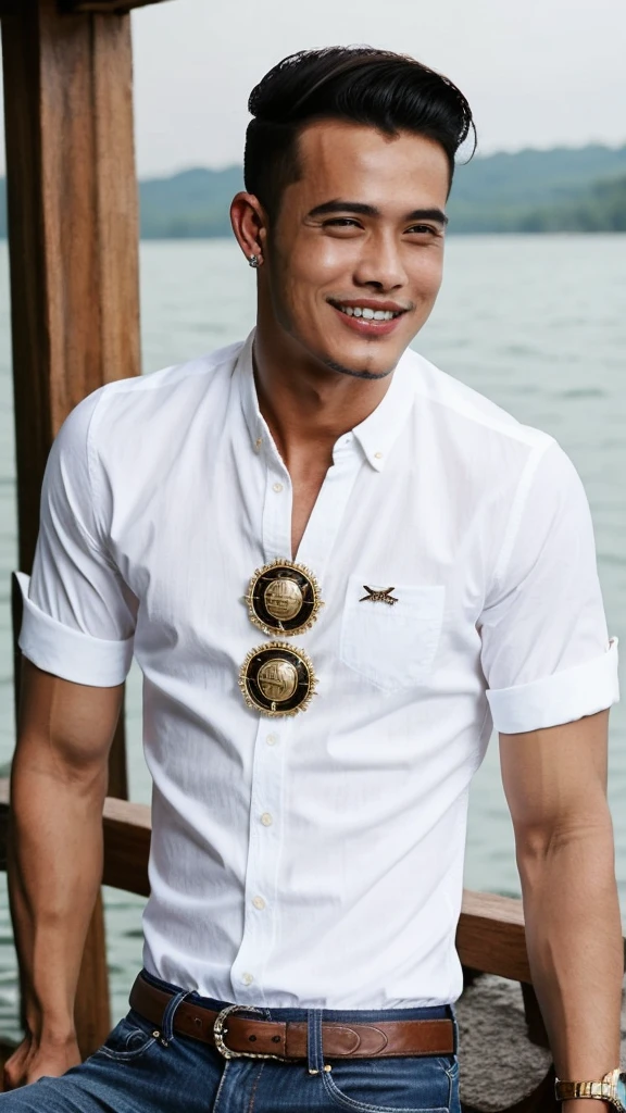 ((best quality)), ((masterpiece)), (detailed), 1man /malaysia. skinny. wear reyban. presley hairstyle. retro style. at lake. big teeth. wear shirt.