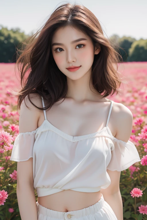 Top quality, RAW Photo, Highest Quality Image, 16K, Full body, Age 20 years old, Realistic, Photorealistic,  Beautiful Asian woman, Sexy, body, White pale skin, Beautiful hair, Wavy hair, Light Pink Hair,, Short hairstyle, Detailed face, Detailed body, Detailed skin, Double eyelids, Big eyes, long eyelashes, bright eyes, green eyes, natural lips, detailed lips, Saggy breasts, Very Small breasts, Flat Breasts, flat chested, posing in pink flowers field , bright light , sunny day, light wind, wearing white shirt and shorts , smiling 