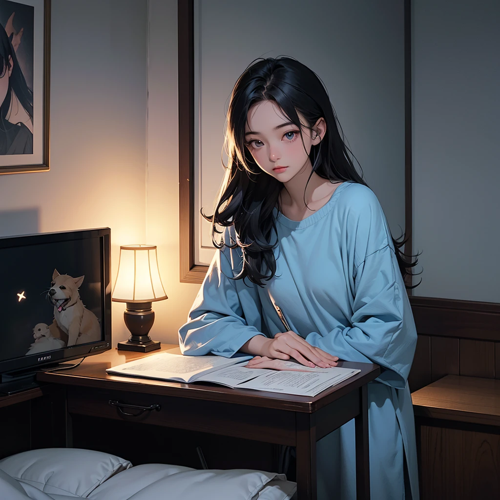 A vertical portrait (4:5 aspect ratio) of a 15-year-old Taiwanese girl in a dimly lit room, emphasizing the late-night study atmosphere. The primary light source is a small, warm-toned desk lamp with a low wattage bulb, casting soft shadows and creating pockets of darkness around the room. The lamp illuminates only a small area of the desk, leaving the rest of the room in near-darkness.
The girl wears large, over-ear headphones with the "ANE//AB" logo clearly engraved on both sides in silver, visible even in the low light. She's fast asleep at her desk, head resting on an open textbook, arms crossed as a pillow. Her light blue short-sleeved pajamas with matching shorts are barely discernible in the dim light.
The window to the left is mostly dark, showing a deep night sky with a few twinkling stars and perhaps a sliver of moon. The street below is quiet and dark, with only a few distant streetlights or occasional passing car headlights providing any illumination outside.
In a shadowy corner of the room, barely visible, a golden retriever is curled up in its bed, its form just a silhouette in the darkness. The desk is cluttered with study materials, their shapes indistinct in the low light except for where the desk lamp directly shines.
The scene is rendered in a Lo-fi anime style, using a color palette of deep blues, purples, and muted ambers to emphasize the nighttime setting. Shadows are pronounced, with areas of complete darkness contrasting with the small pool of warm light from the desk lamp, creating a cozy but distinctly nocturnal atmosphere.