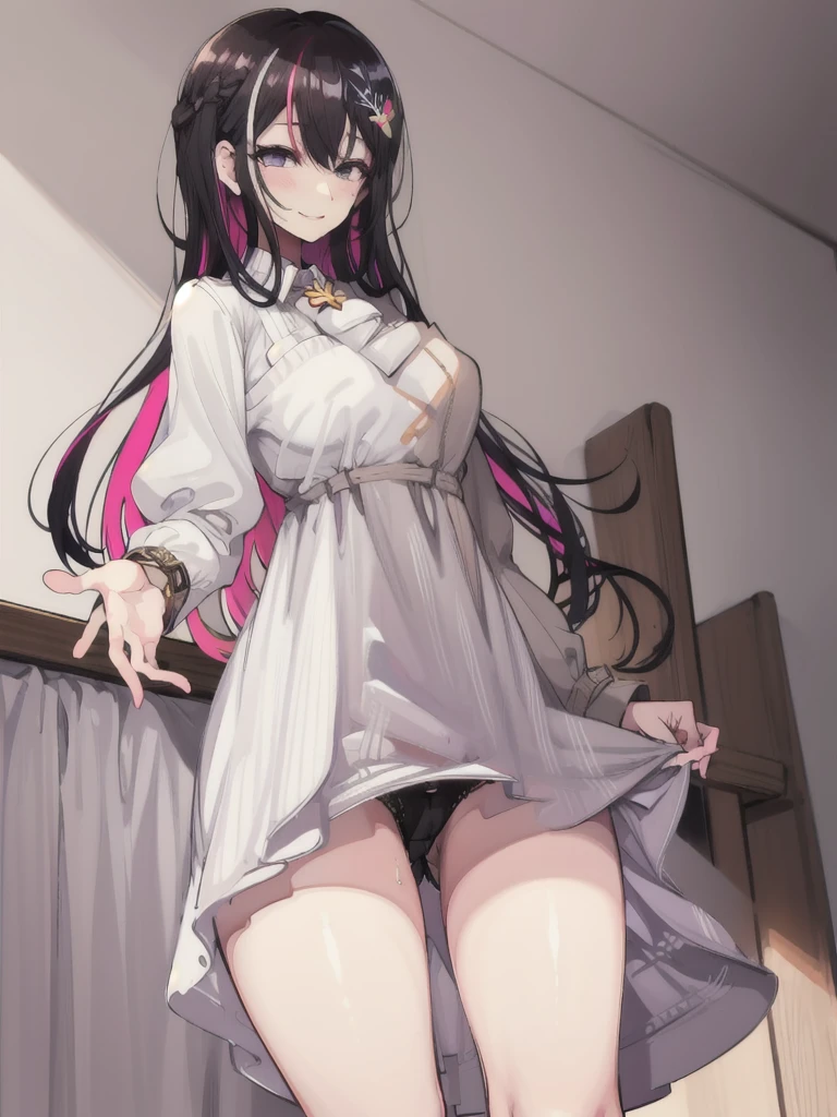 azki_(hololive), 1girl, solo, multicolored hair, pink hair, purple eyes, black hair, hair between eyes, white dress, brown dress, brown jacket, jewelry, long sleeves, x hair ornament, bangs, bracelet, long hair, streaked hair, hairclip, large breasts,,,,(masterpiece),(best quality),(ultra-detailed),(best illustration),(best shadow),(absurdres),(very aesthetic),(detailed background),,in narrow bedroom,dim lighting,under lighting,,standing,aged up,(aged up:1.5),shy smile,pucker lips,half closed eyes,skirtlift,from below, lifted by self,(showing black panties,skirt lift:1.35),holding skirt,,pussy juice,(pussy juice stained panties),