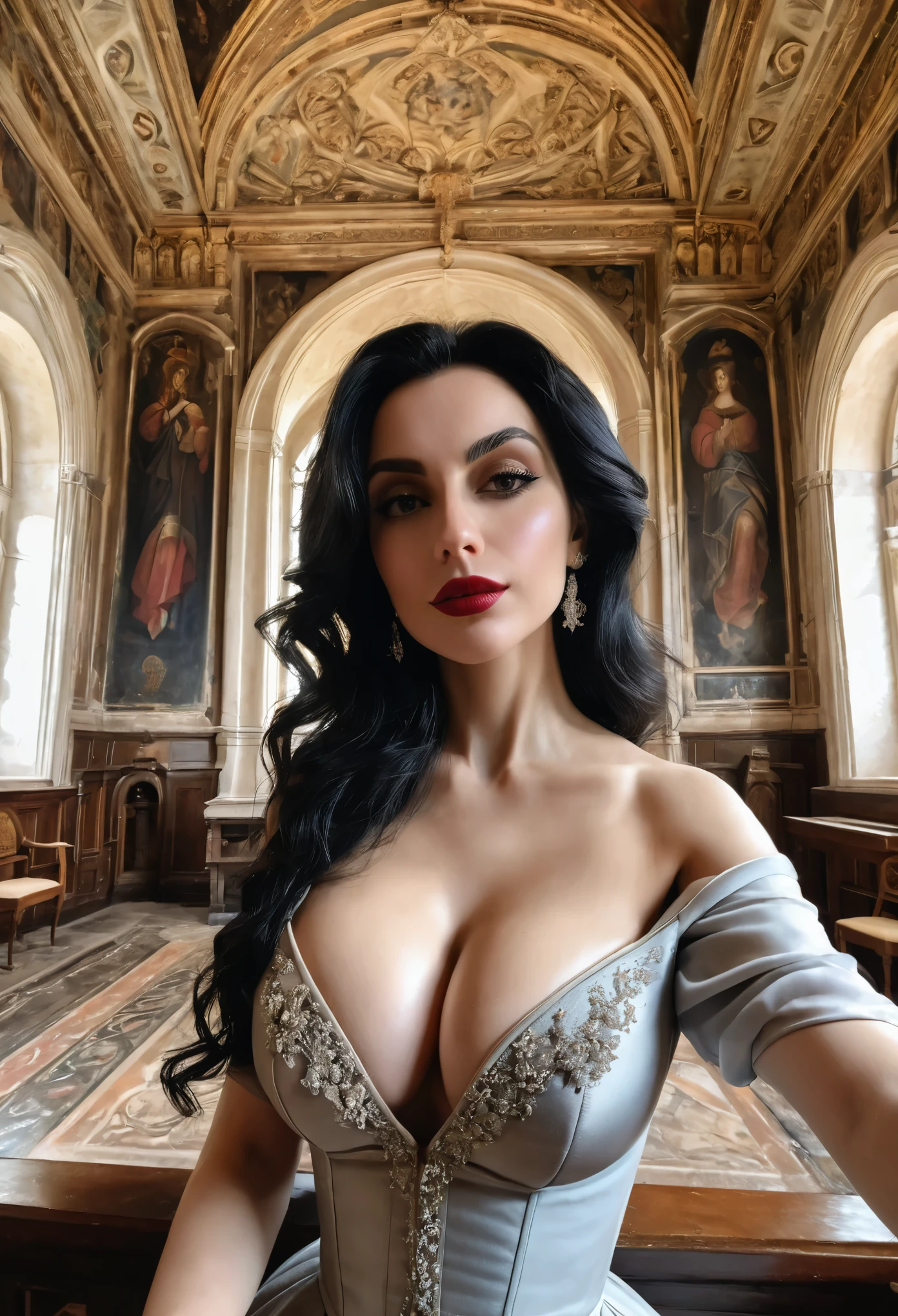 Lady Dimitrescu taking realistic cleavage selfie in her castle wearing large elegant chapel
