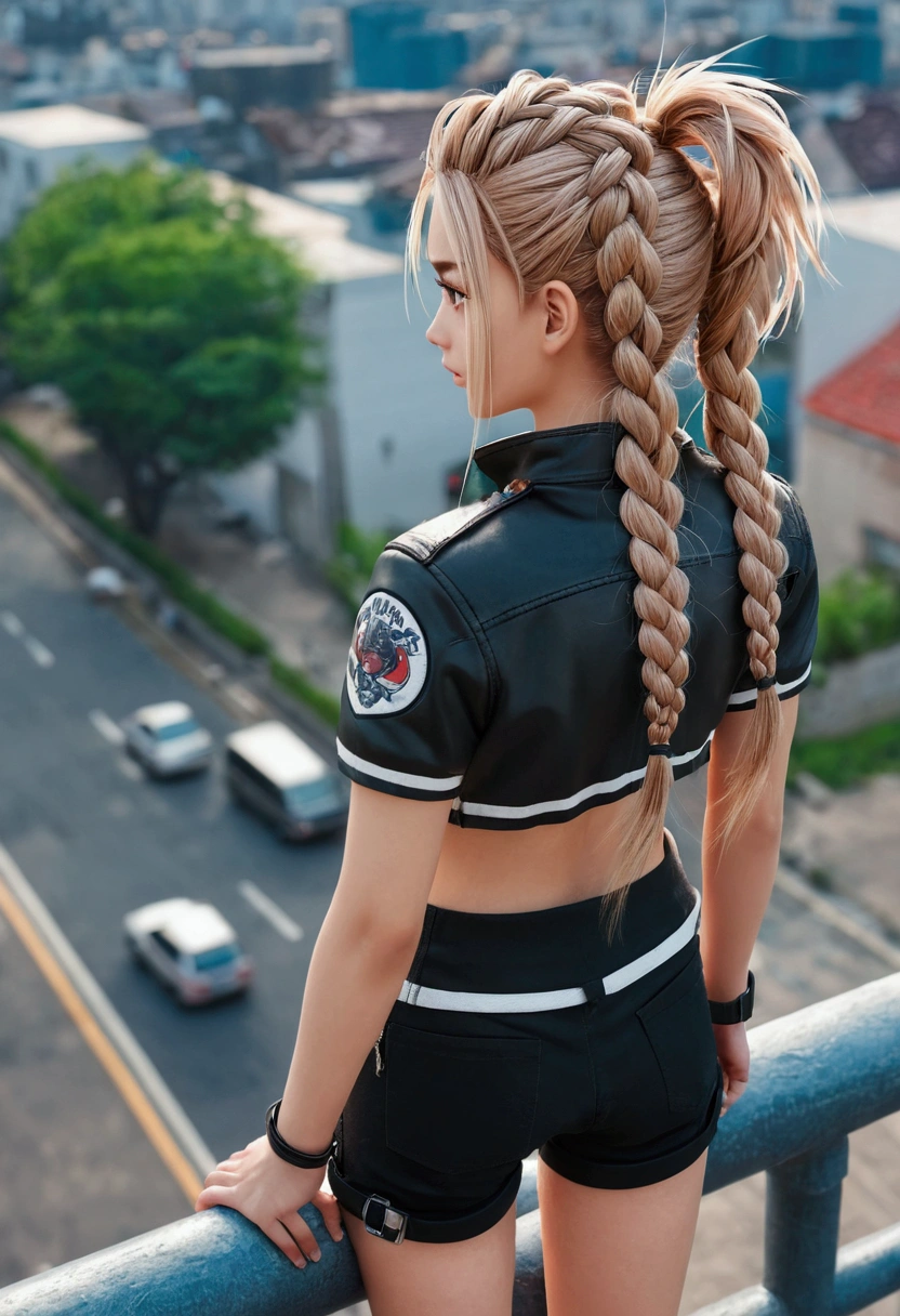He saw, Braid, One girl, Anime screenshots, Very detailed, 8k, masterpiece, Highest quality, Spiked Hair, biker shorts, From above, Urban Background, (View your viewers)