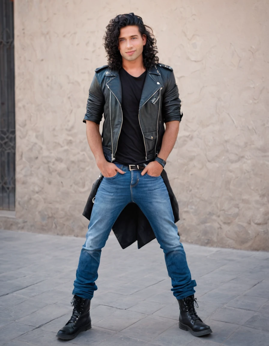 Realistic photography of a beautiful man. Full body shot. a man. Background city of Arequipa, Wears rocker clothing. The man is Hispanic, 30 years old, semi-muscular body. height: 1.65, long curly hair falling in a cascade, very light and bright blue eyes, full lips, blush, black hair, military-cut hair, pointed hair. Standing, facing the camera. Discreet smile. (photorealistic), masterpiece: 1.3, beautiful lighting, best quality, beautiful lighting, realistic and natural image, intricate details, everything in focus, perfect focus, photography, masterpiece. , tiny nuances, supreme resolution, 32K, ultra-sharp, superior quality details, realistic and complex, perfect proportions, perfect hands, perfect feet.
