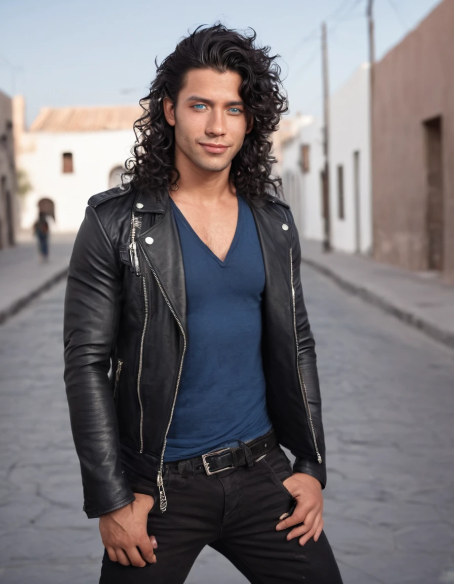 Realistic photography of a beautiful man. Full body shot. a man. Background city of Arequipa, Wears rocker clothing. The man is Hispanic, 30 years old, semi-muscular body. height: 1.65, long curly hair falling in a cascade, very light and bright blue eyes, full lips, blush, black hair, military-cut hair, pointed hair. Standing, facing the camera. Discreet smile. (photorealistic), masterpiece: 1.3, beautiful lighting, best quality, beautiful lighting, realistic and natural image, intricate details, everything in focus, perfect focus, photography, masterpiece. , tiny nuances, supreme resolution, 32K, ultra-sharp, superior quality details, realistic and complex, perfect proportions, perfect hands, perfect feet.