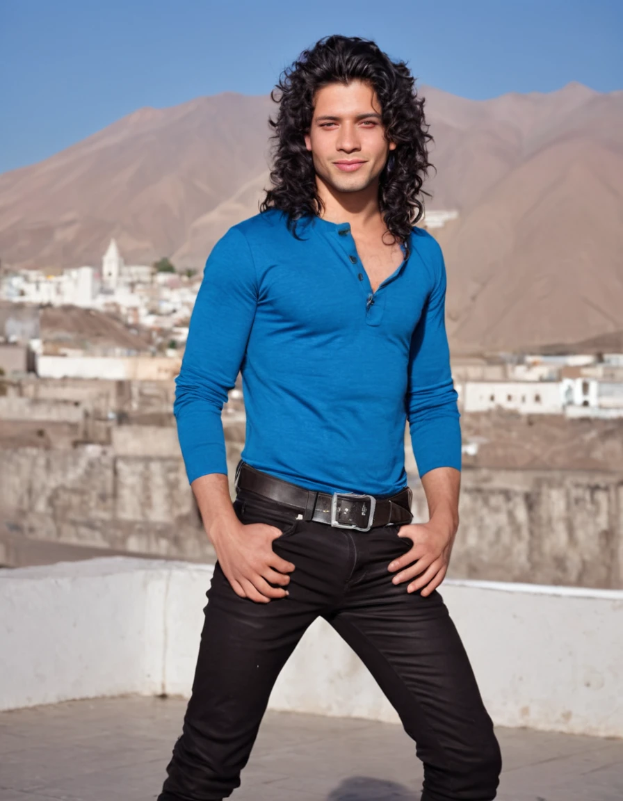 Realistic photography of a beautiful man. Full body shot. a man. Background city of Arequipa, Wears rocker clothing. The man is Hispanic, 30 years old, semi-muscular body. height: 1.65, long curly hair falling in a cascade, very light and bright blue eyes, full lips, blush, black hair, military-cut hair, pointed hair. Standing, facing the camera. Discreet smile. (photorealistic), masterpiece: 1.3, beautiful lighting, best quality, beautiful lighting, realistic and natural image, intricate details, everything in focus, perfect focus, photography, masterpiece. , tiny nuances, supreme resolution, 32K, ultra-sharp, superior quality details, realistic and complex, perfect proportions, perfect hands, perfect feet.