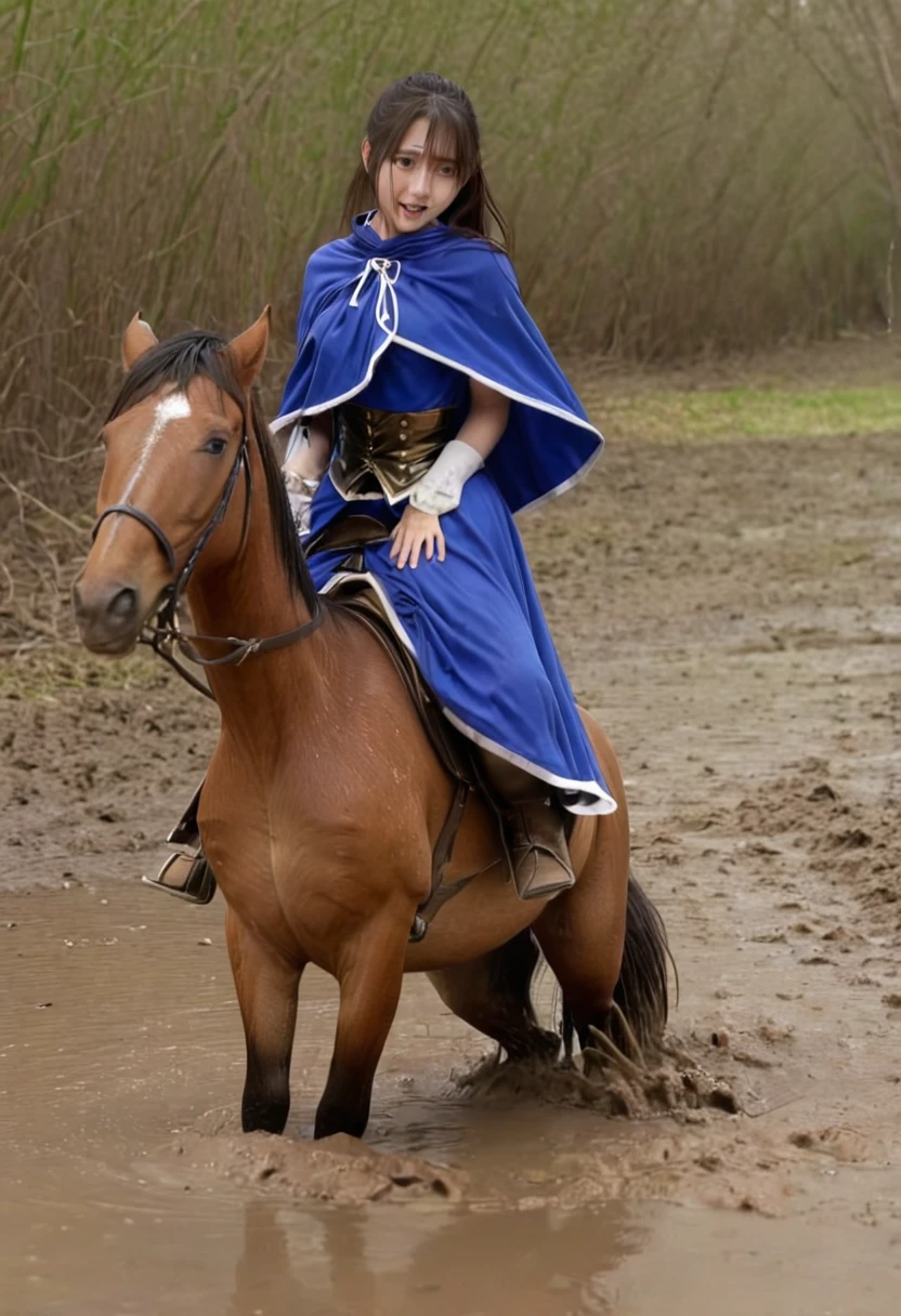 stuck in mud,(((masterpiece))),(((Highest quality))),((Tabletop:1.4, Highest quality)), (Realな写真:1.4), in the muddy river,dirty swamp,horse ridden by girl meet with an accident that it fall over sticky swamp,Sweaty girl,
((1 cute girl knight)),rodeo,horse standing,Surprised face,stumble,aggressive,slouch,horse standing, prancing horse in pitfall,cute,Napoléon horse sliped in pitfall,in the pitfall,Uplifting,Knight Princess,
(超High resolution:1.2),, wonderful, Very detailed CG Unity 8k wallpaper, Very detailed, High resolution,fat horse ridden by japanese girl,Double,Royal blue armor and short cloak,Soaking in the swamp,Mud Splash,
Soft Light, Beautiful detailed girl, Droopy eyes,Very detailedな目と顔, Beautiful and exquisite nose, Beautiful and exquisite,  horse ridden by a girl can't stand up because its drowned in the sticky muddy pitfall:10.0 ,Displeased face:4.0,Real,Stir,Anatomically correct,action horse riding scene while struggle fighting